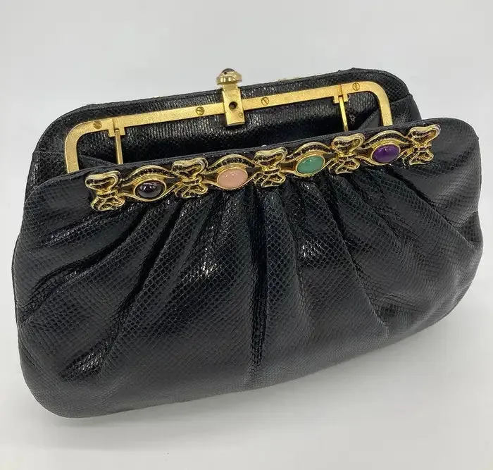 Judith Leiber Black Lizard Black Crystal Multi Color Gemstone Clutch