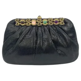 Judith Leiber Black Lizard Black Crystal Multi Color Gemstone Clutch