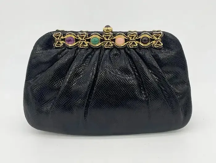 Judith Leiber Black Lizard Black Crystal Multi Color Gemstone Clutch