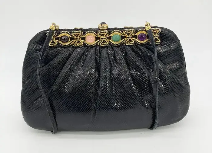 Judith Leiber Black Lizard Black Crystal Multi Color Gemstone Clutch