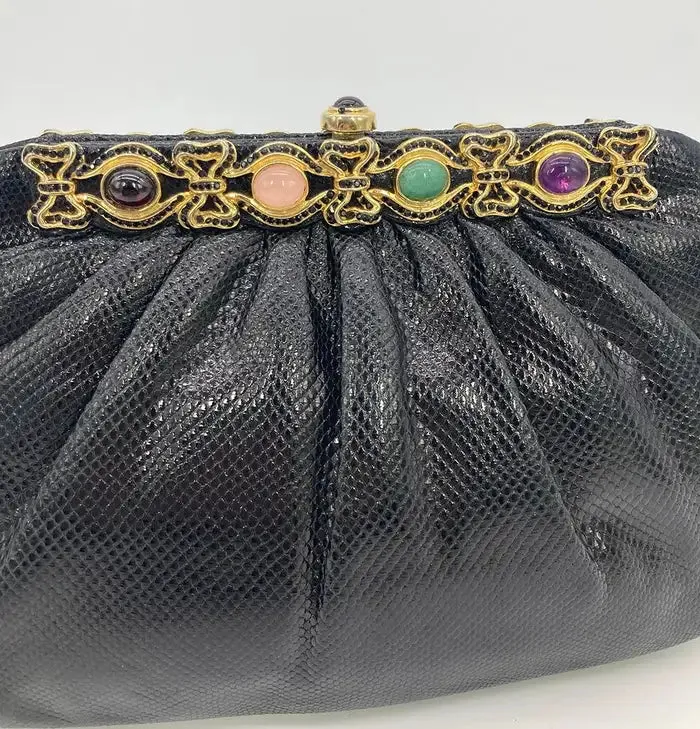 Judith Leiber Black Lizard Black Crystal Multi Color Gemstone Clutch