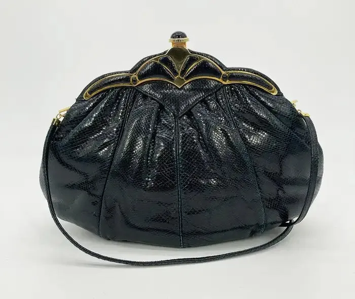 Judith Leiber Black Lizard Gold Scallop Top Clutch