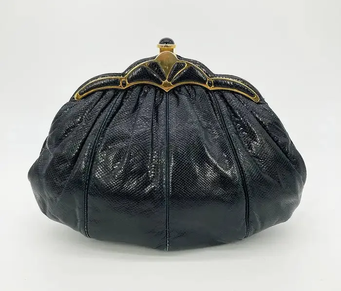 Judith Leiber Black Lizard Gold Scallop Top Clutch