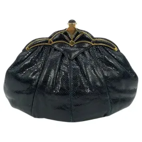 Judith Leiber Black Lizard Gold Scallop Top Clutch