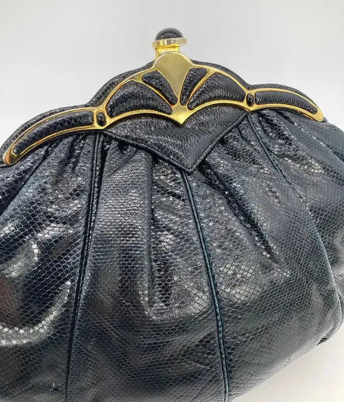 Judith Leiber Black Lizard Gold Scallop Top Clutch