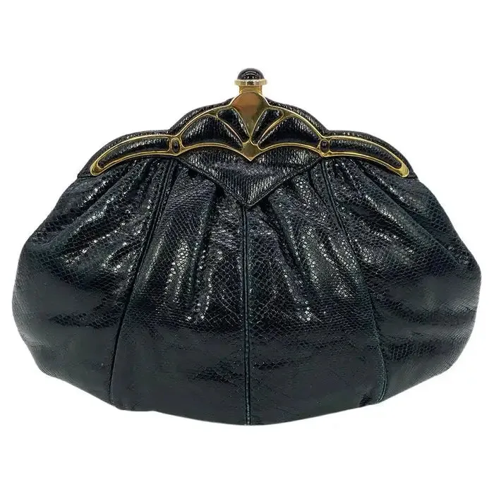 Judith Leiber Black Lizard Gold Scallop Top Clutch