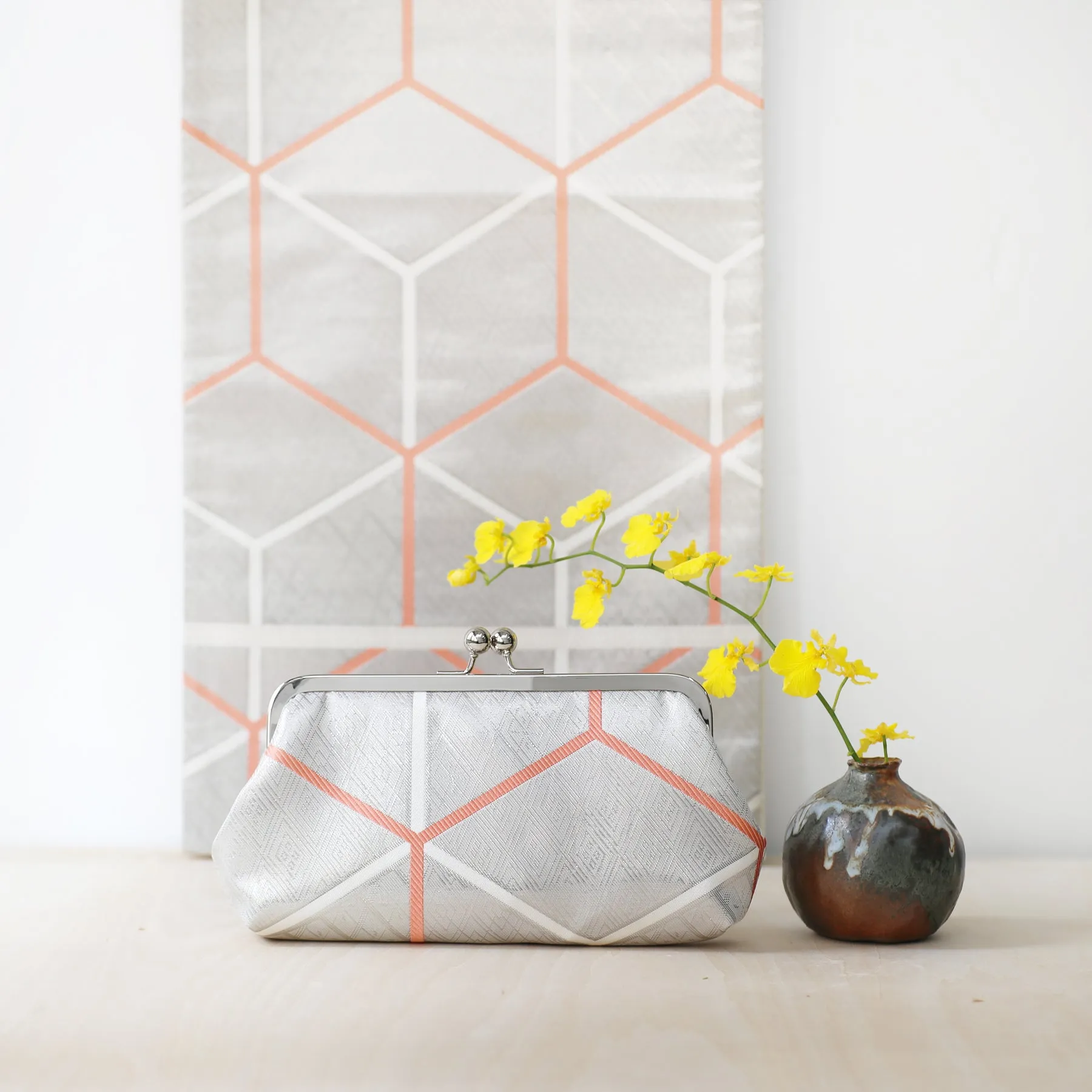 Kimono Silk Clutch in Silver and Peach