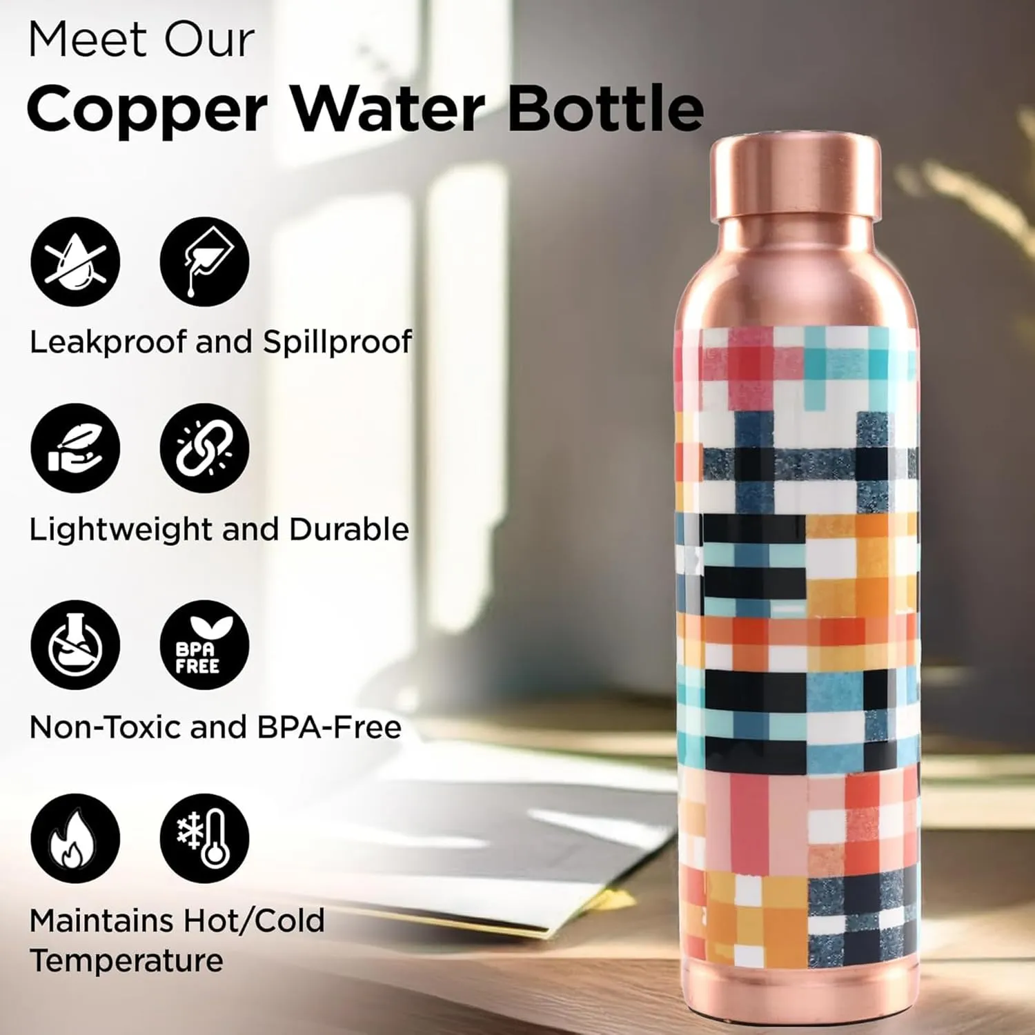 Kuber Industries 950ml Copper Water Bottle - Eco-Friendly & Leakproof Detox Tamaba Bottle for Office/Gym/Yoga/College, Men & Women-Colorful