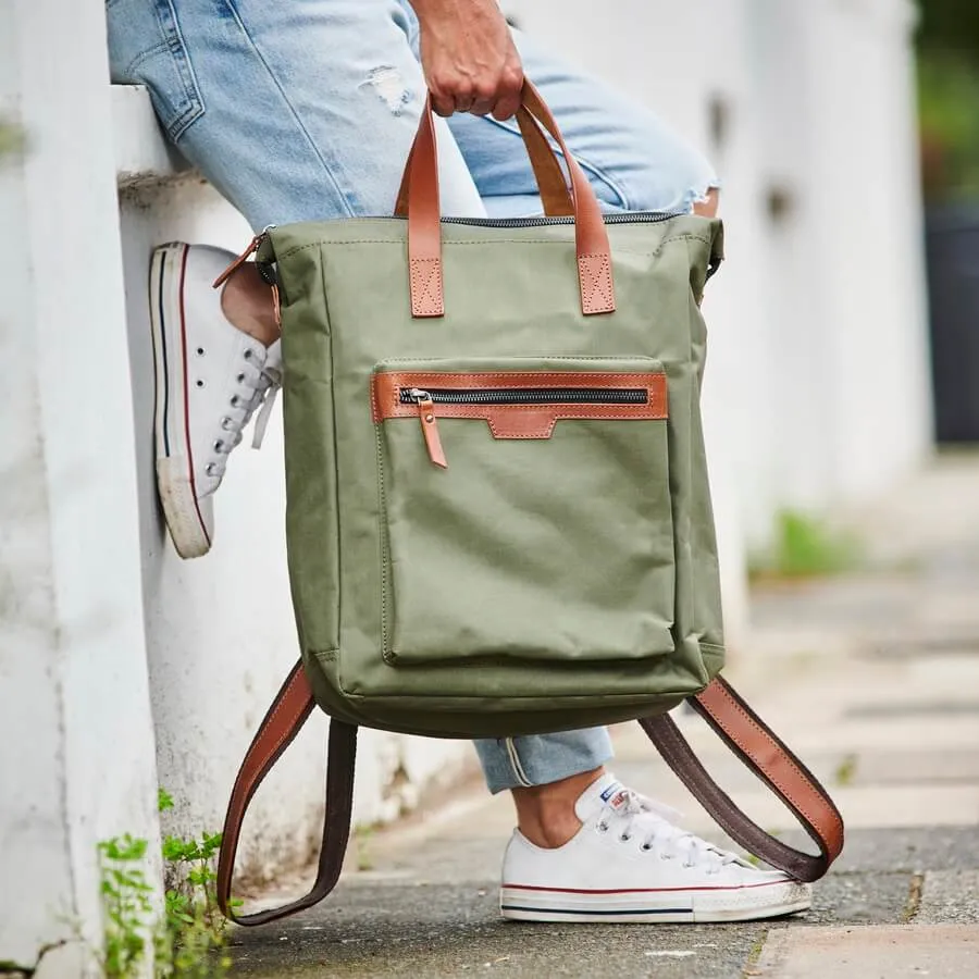 Leather Trim Top Zip Backpack