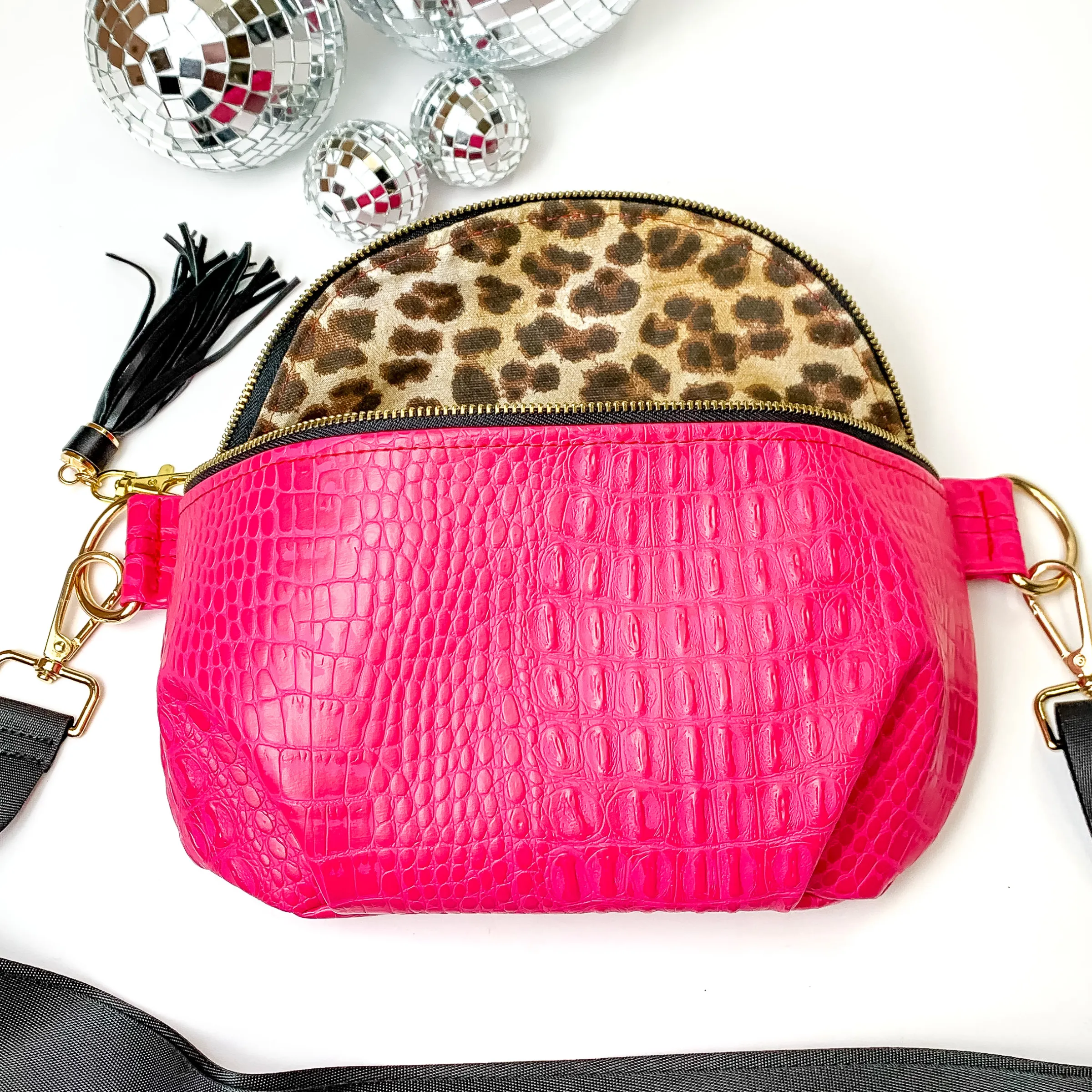 Makeup Junkie | Dolly Sidekick with Adjustable Strap in Hot Pink Croc Print