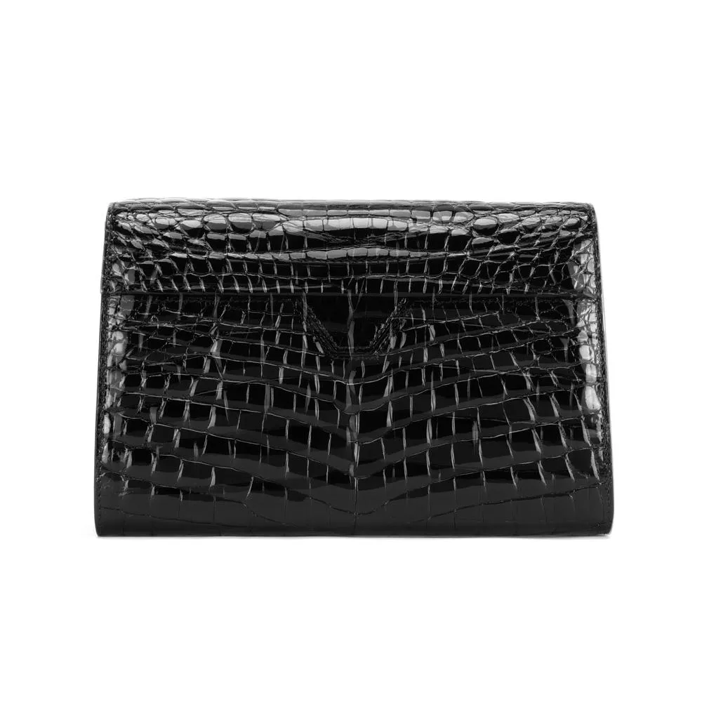 Mens Genuine Crocodile Leather High Glossy Baking Beaded Belly Leather Clutch Bag Black