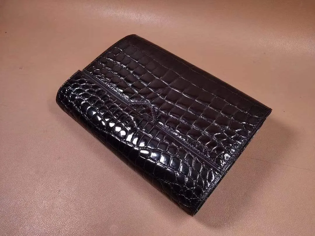 Mens Genuine Crocodile Leather High Glossy Baking Beaded Belly Leather Clutch Bag Black