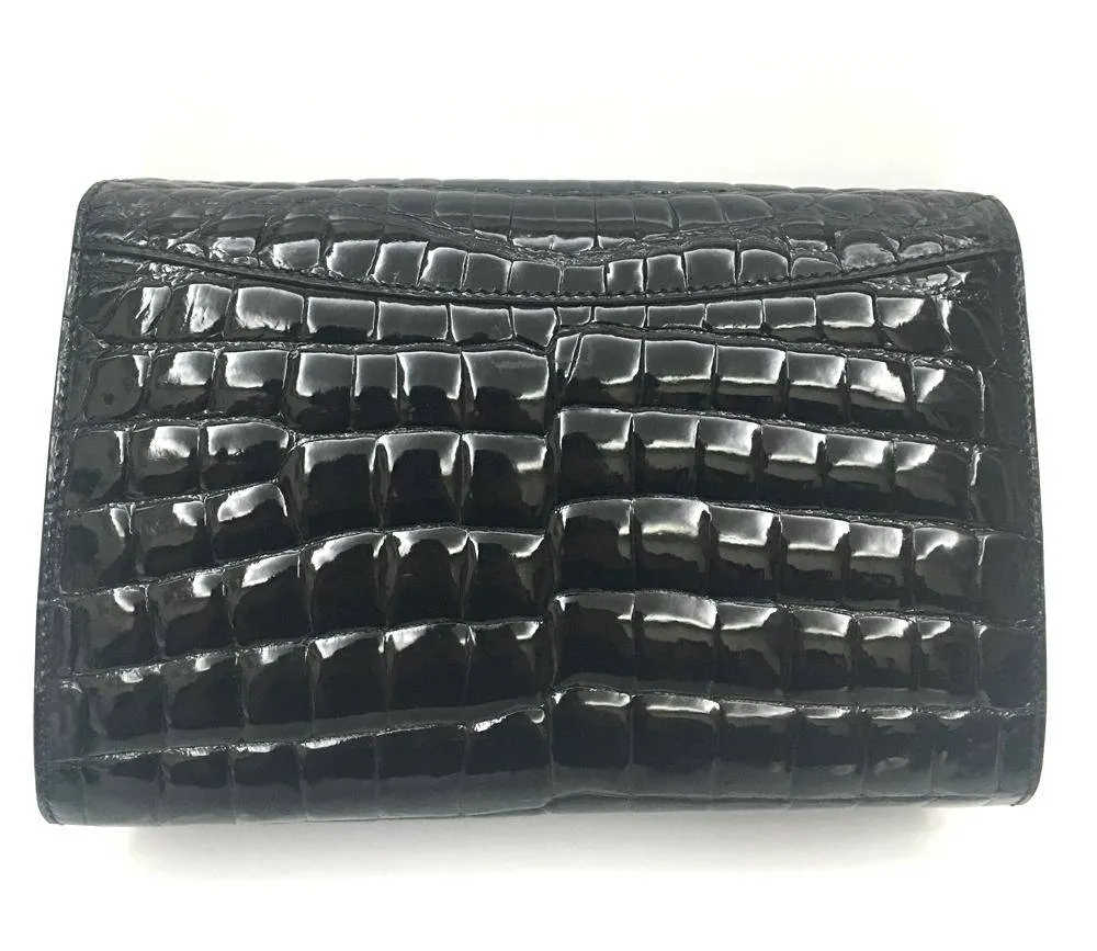 Mens Genuine Crocodile Leather High Glossy Baking Beaded Belly Leather Clutch Bag Black