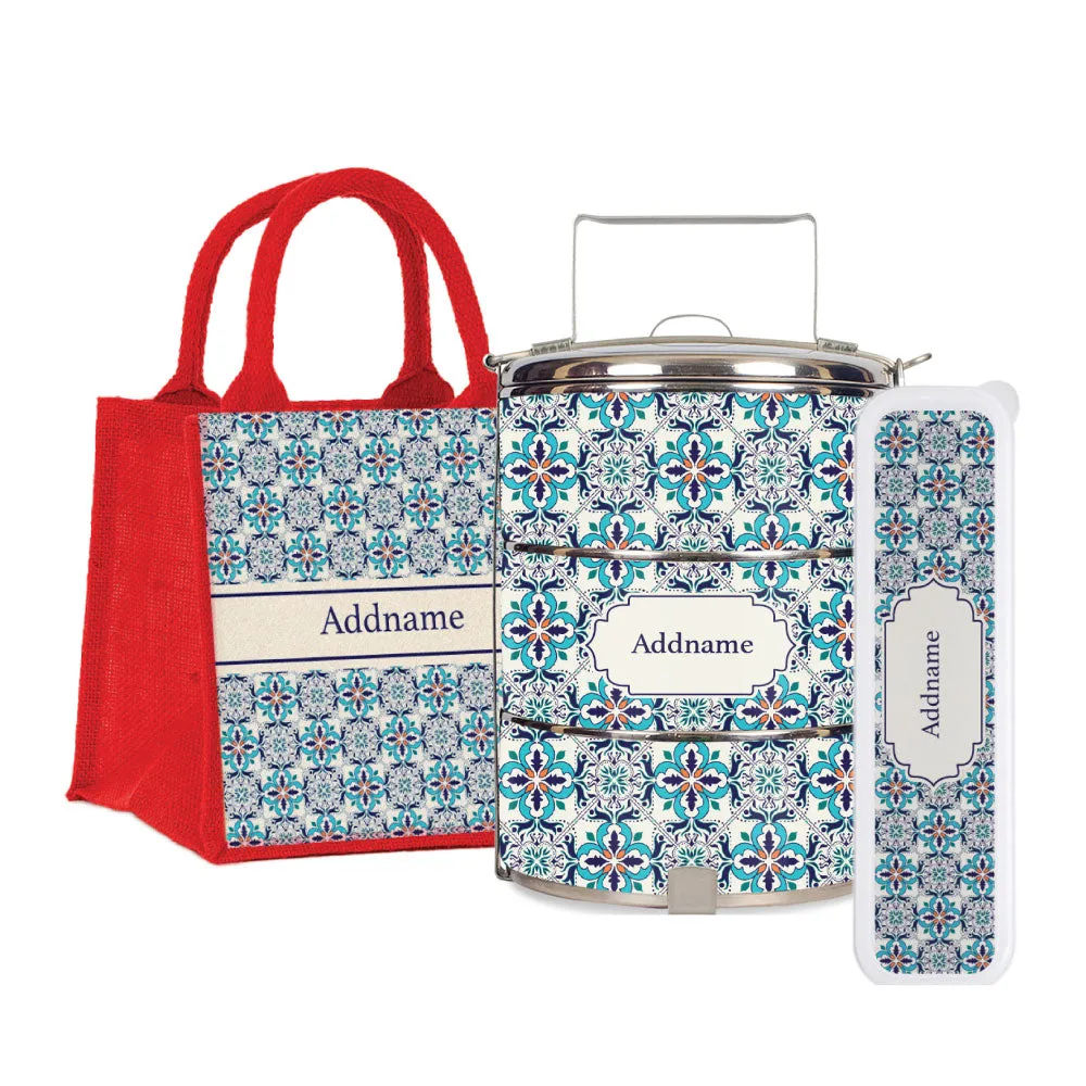 Moroccan Frost Blue Tiffin Carrier, Jute Tote Bag  & Cutlery Set [FREE Custom Add Name]