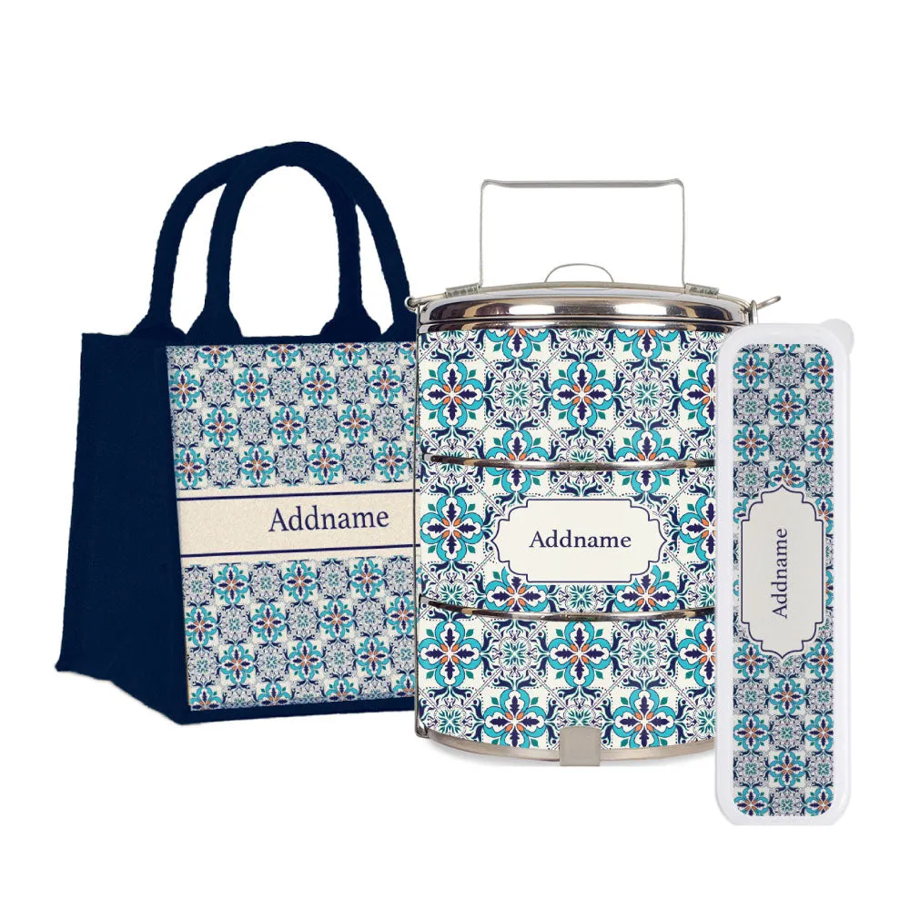 Moroccan Frost Blue Tiffin Carrier, Jute Tote Bag  & Cutlery Set [FREE Custom Add Name]