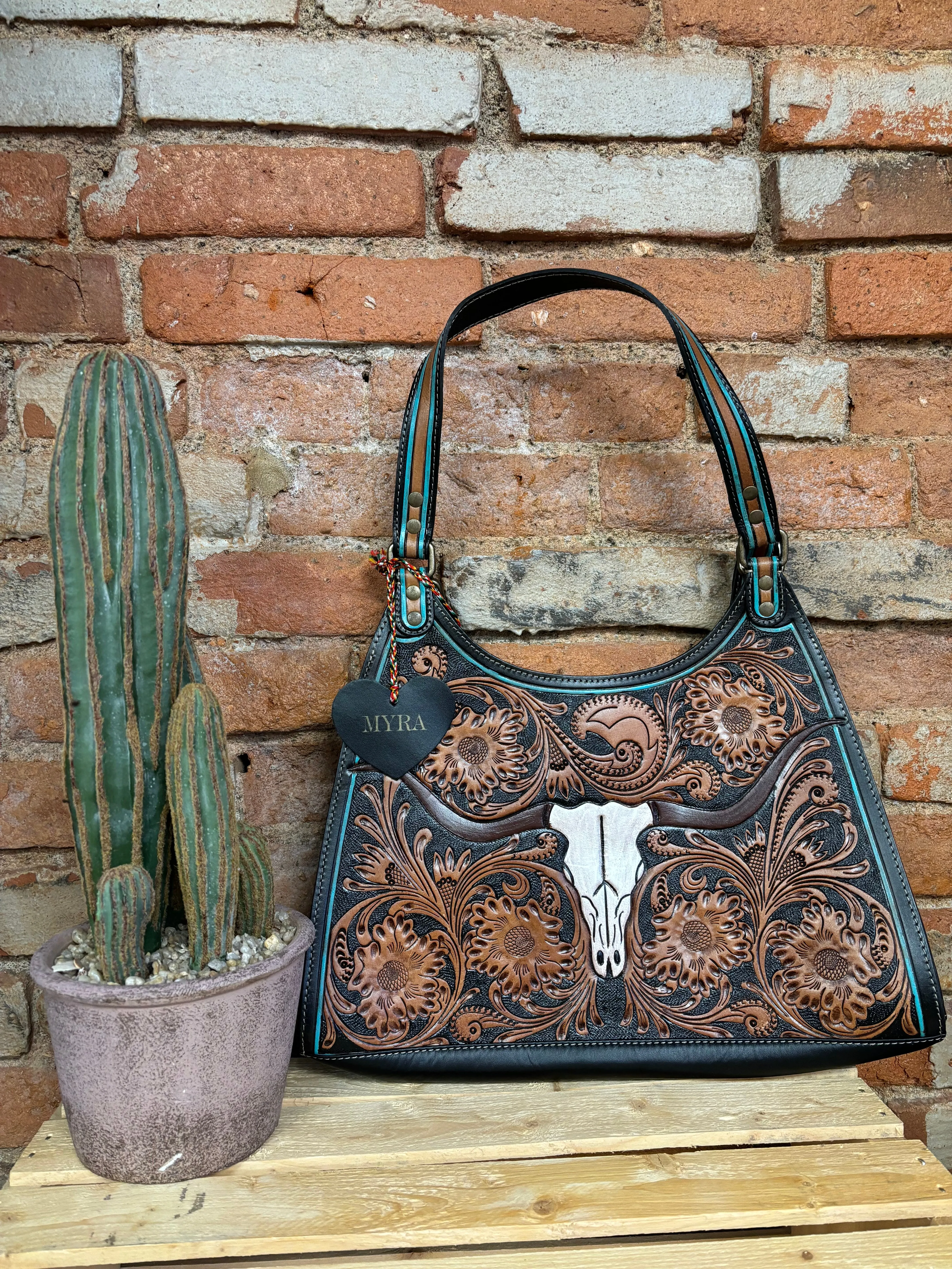 Myra Bag Steer Creek Trail Hand-Tooled Leather Tote Handbag S-9729