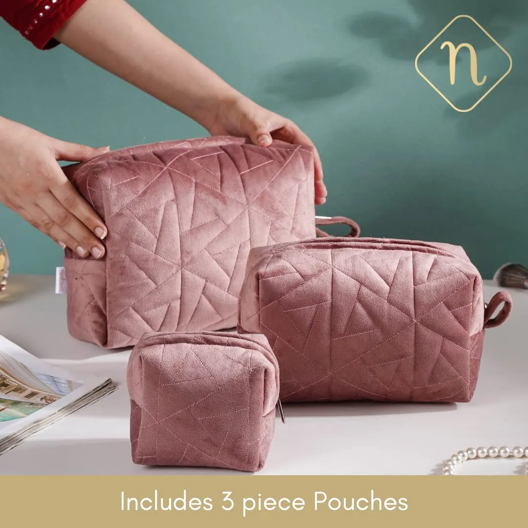 Nestasia Dusty Pink Quilted Multipurpose Set of 3 Cosmetic Bags for Storage, Travel Kit, Makeup Pouches,Toiletry Bag of Different Sizes