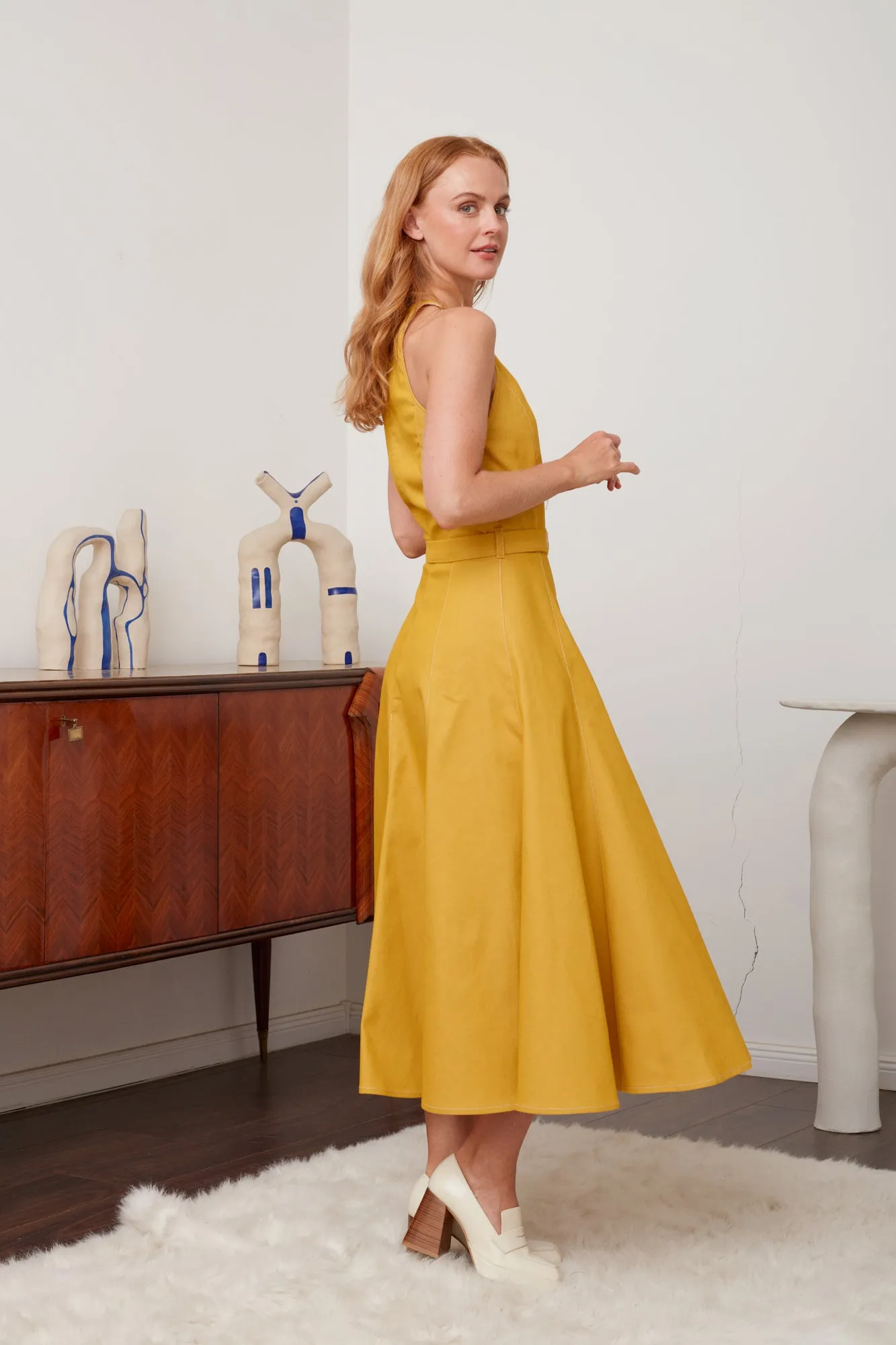 ODE yellow denim godet dress