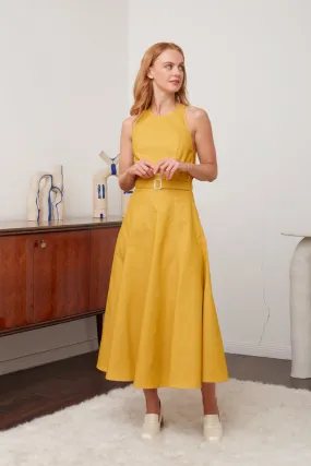 ODE yellow denim godet dress