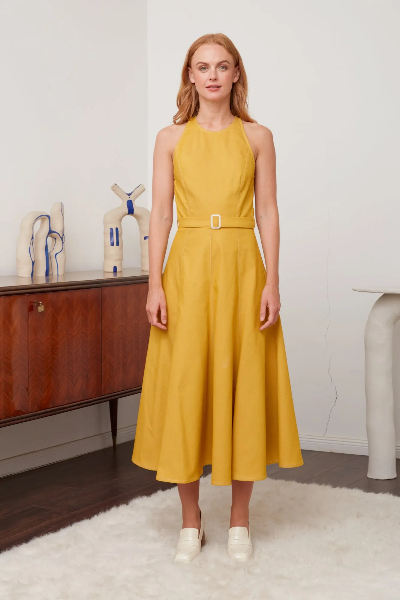 ODE yellow denim godet dress