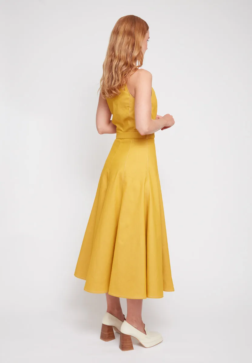 ODE yellow denim godet dress