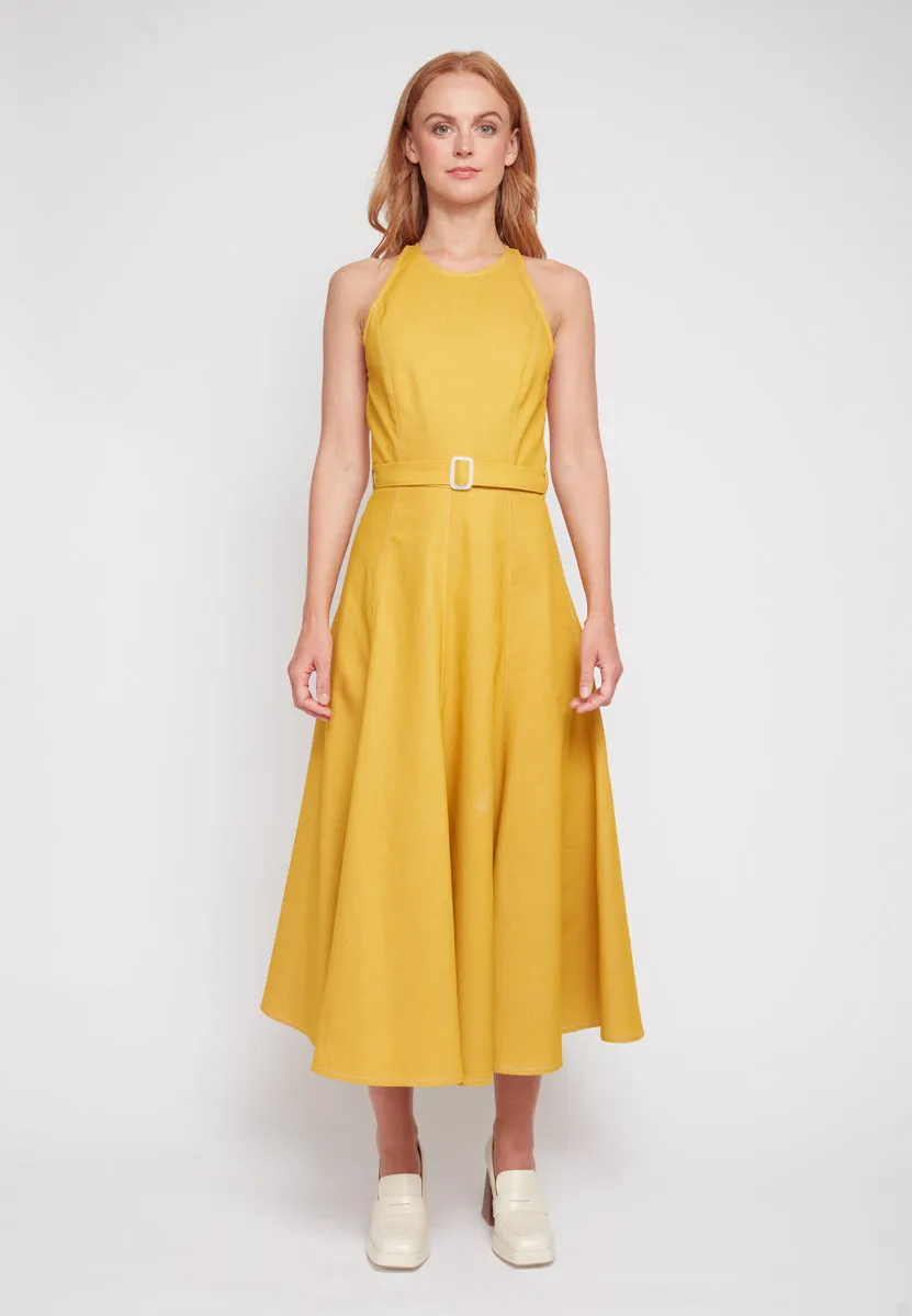 ODE yellow denim godet dress