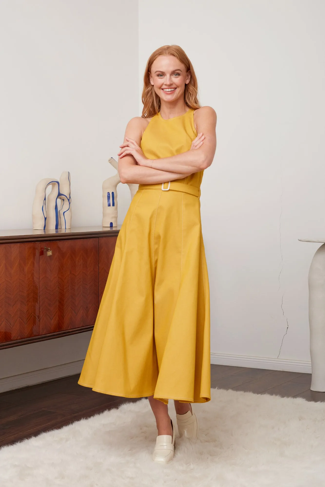 ODE yellow denim godet dress