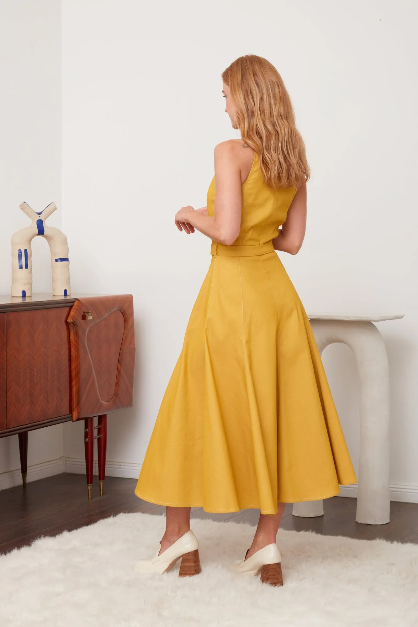 ODE yellow denim godet dress