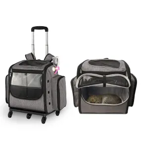 Pet Backpack with Wheels Dog Cat Travel Carrier Bag with Telescopic Handle, Gray