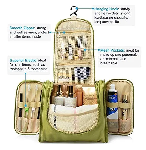 PETRICE Toiletry bag for Women Makeup pouch Waterproof Shower Wash Bag Cosmetic Organizer Case Travel Kit Pack with Hook (Green)