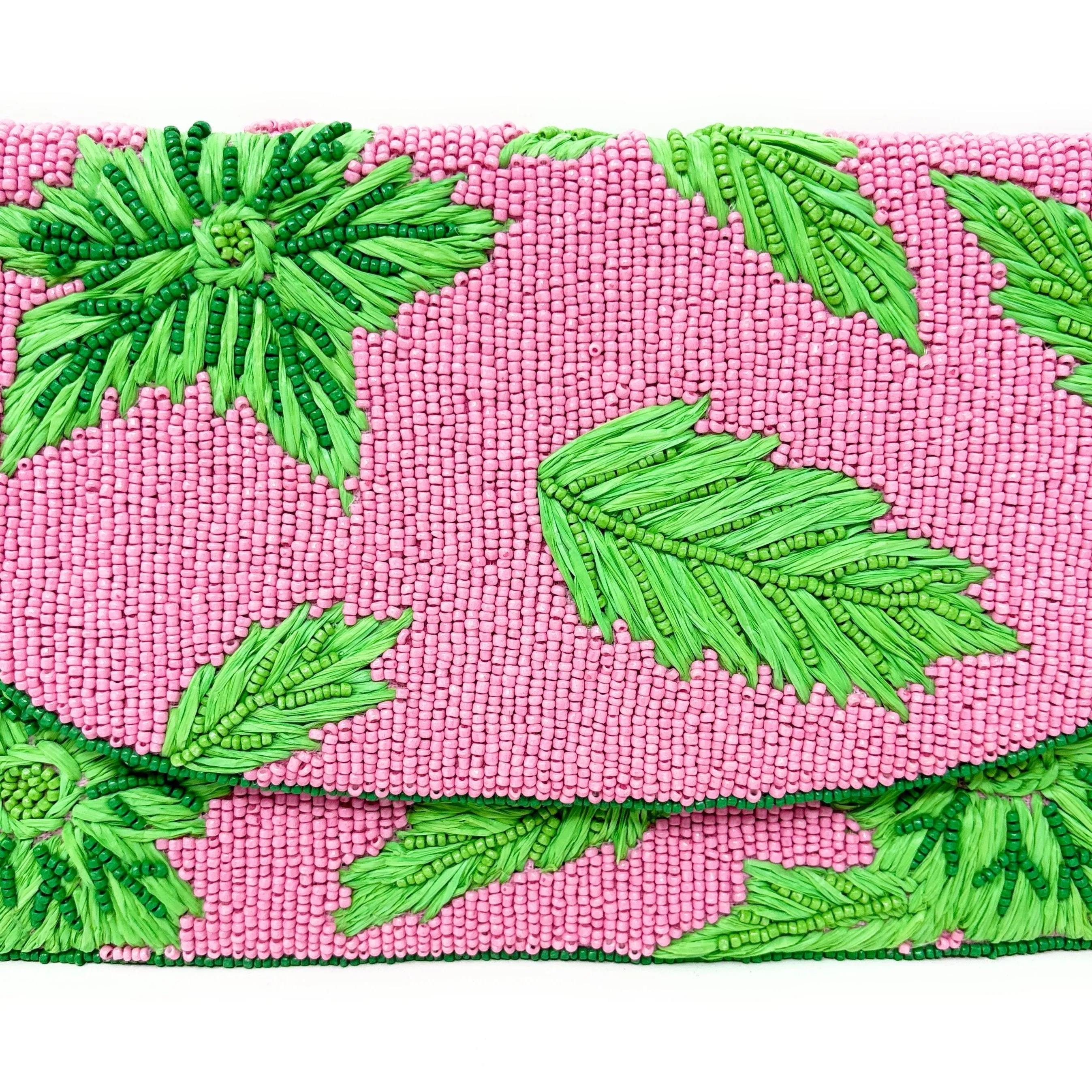 Pink Green Beaded Clutch Purse