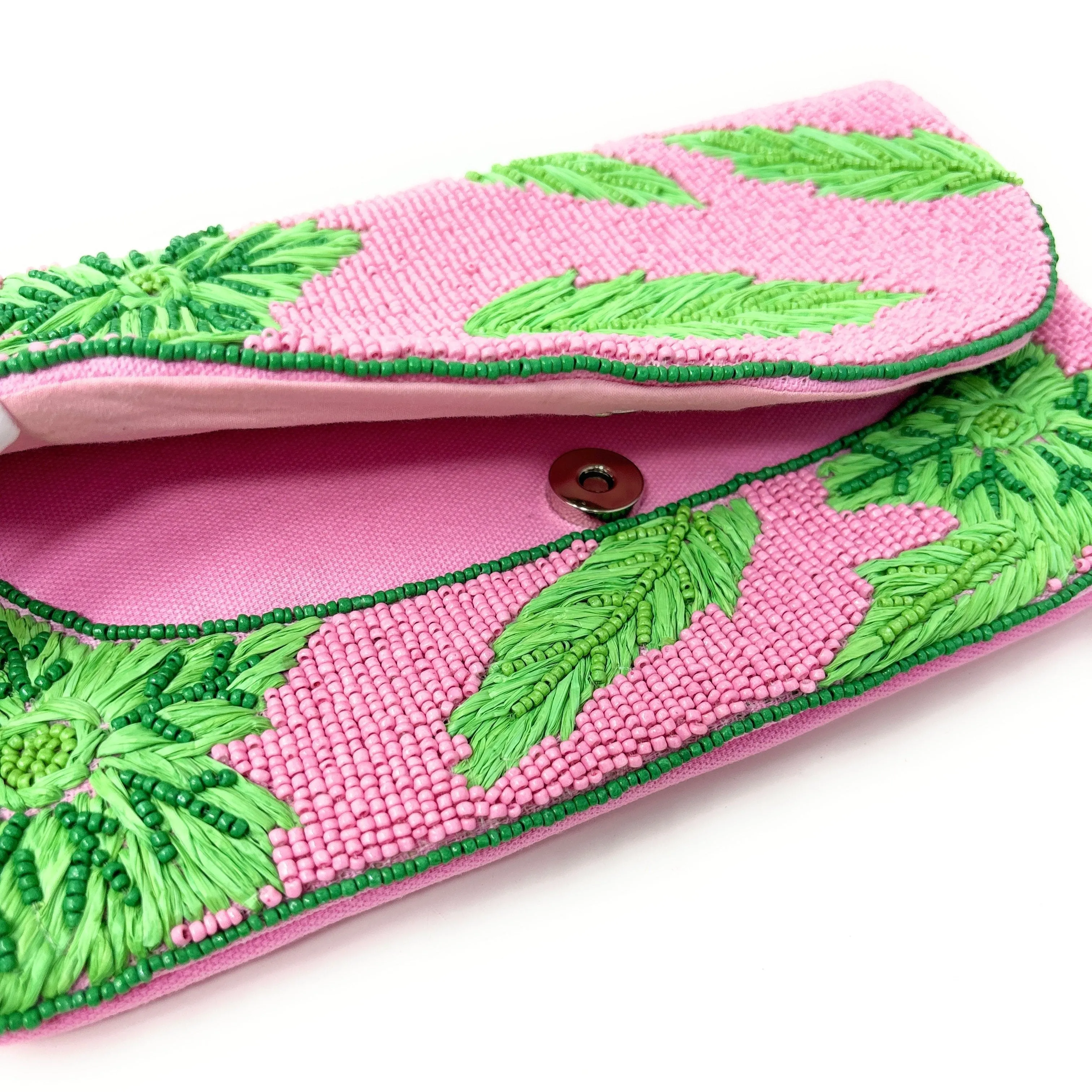 Pink Green Beaded Clutch Purse