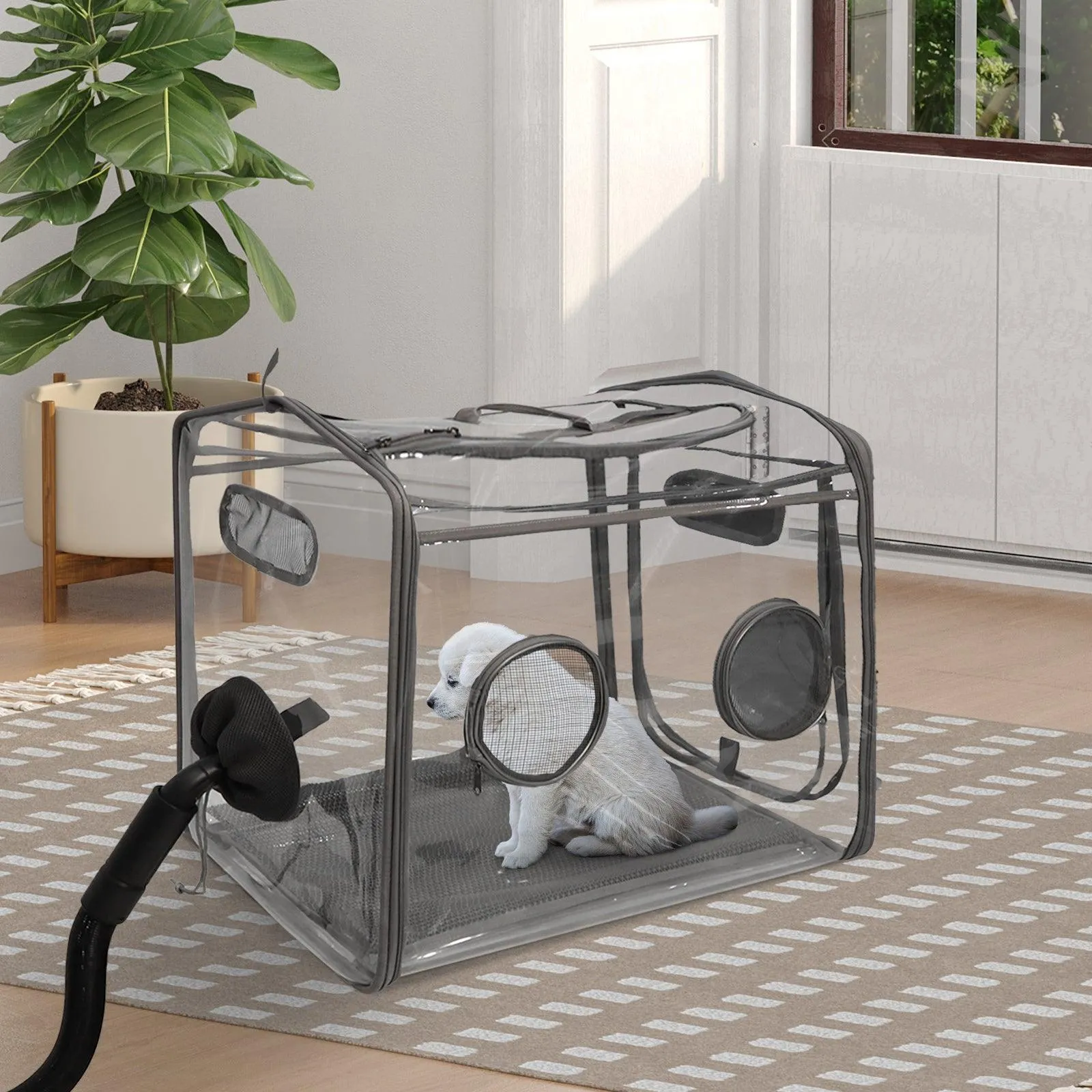 Portable Pet Dryer Box Foldable Dog Crate Dryer Cage with Transparent PVC, Gray