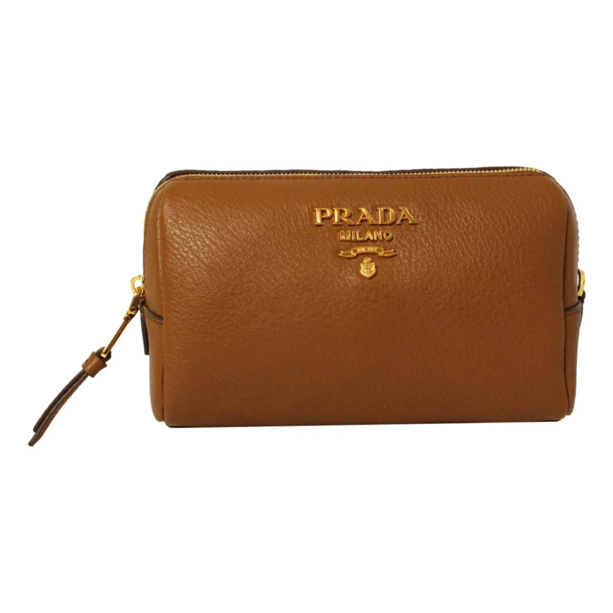 Prada Vitello Daino Cannella Brown Leather Cosmetic Pouch Clutch Bag