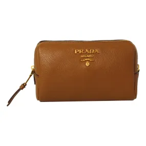 Prada Vitello Daino Cannella Brown Leather Cosmetic Pouch Clutch Bag