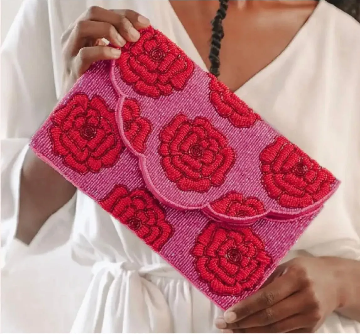 Red Rose Handmade Beaded Clutch