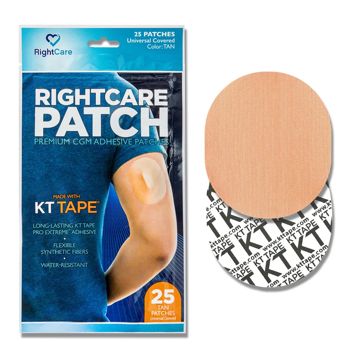 RightCare CGM Adhesive Patch made with KT Tape, Universal, Bag of 25