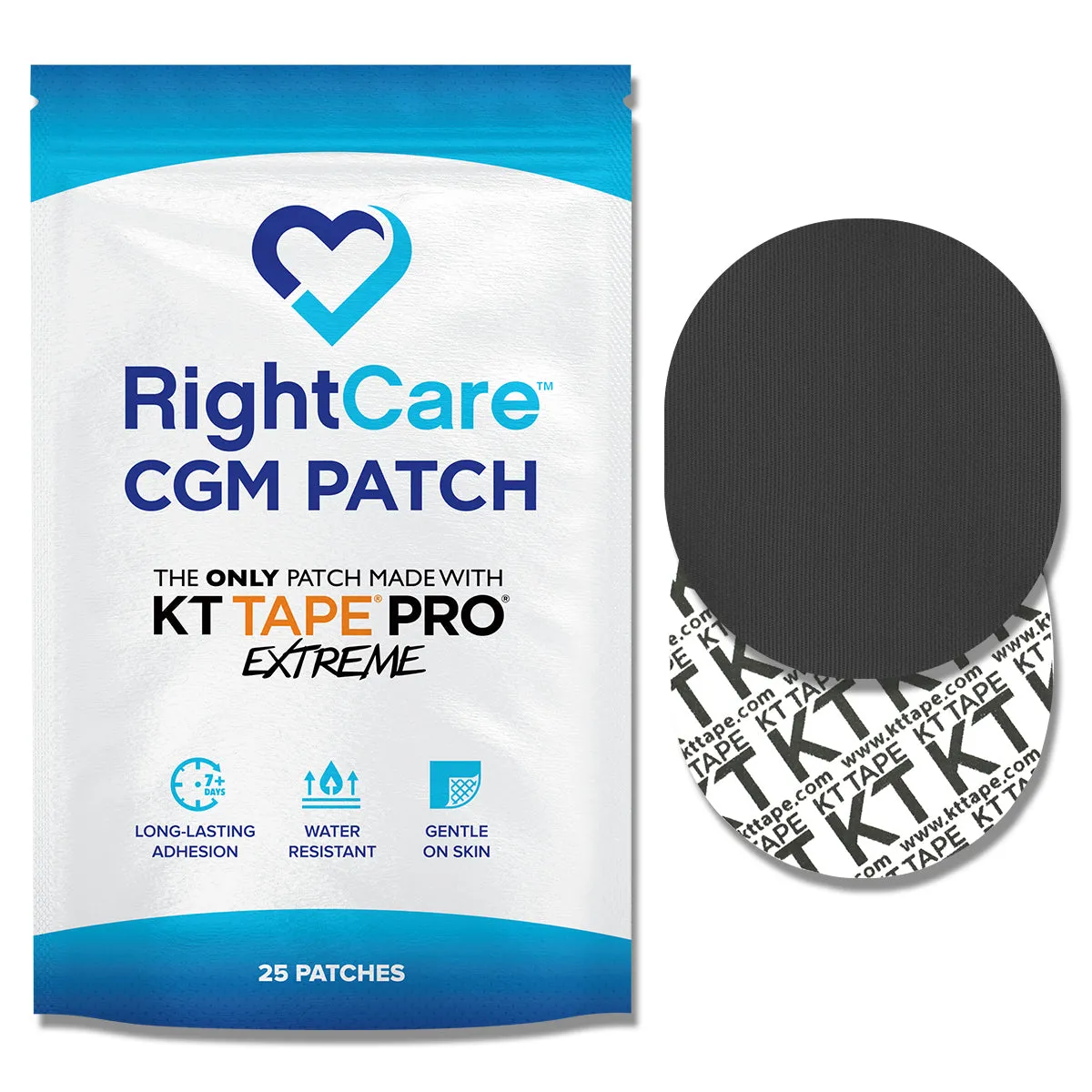 RightCare CGM Adhesive Patch made with KT Tape, Universal, Bag of 25