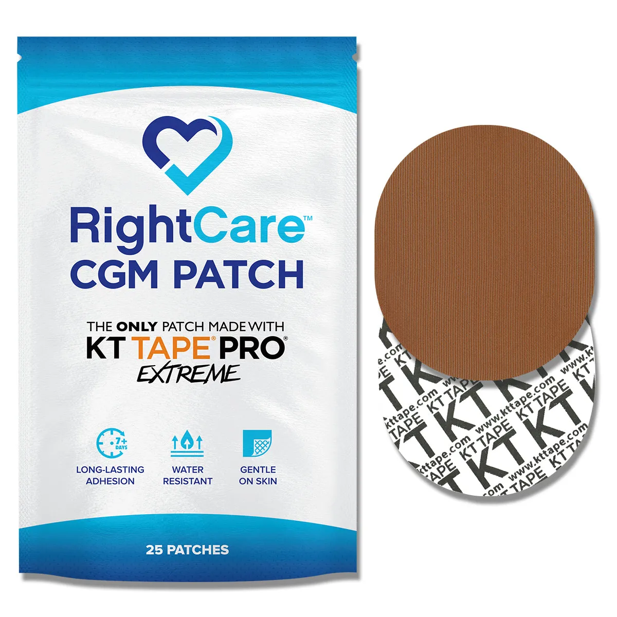 RightCare CGM Adhesive Patch made with KT Tape, Universal, Bag of 25