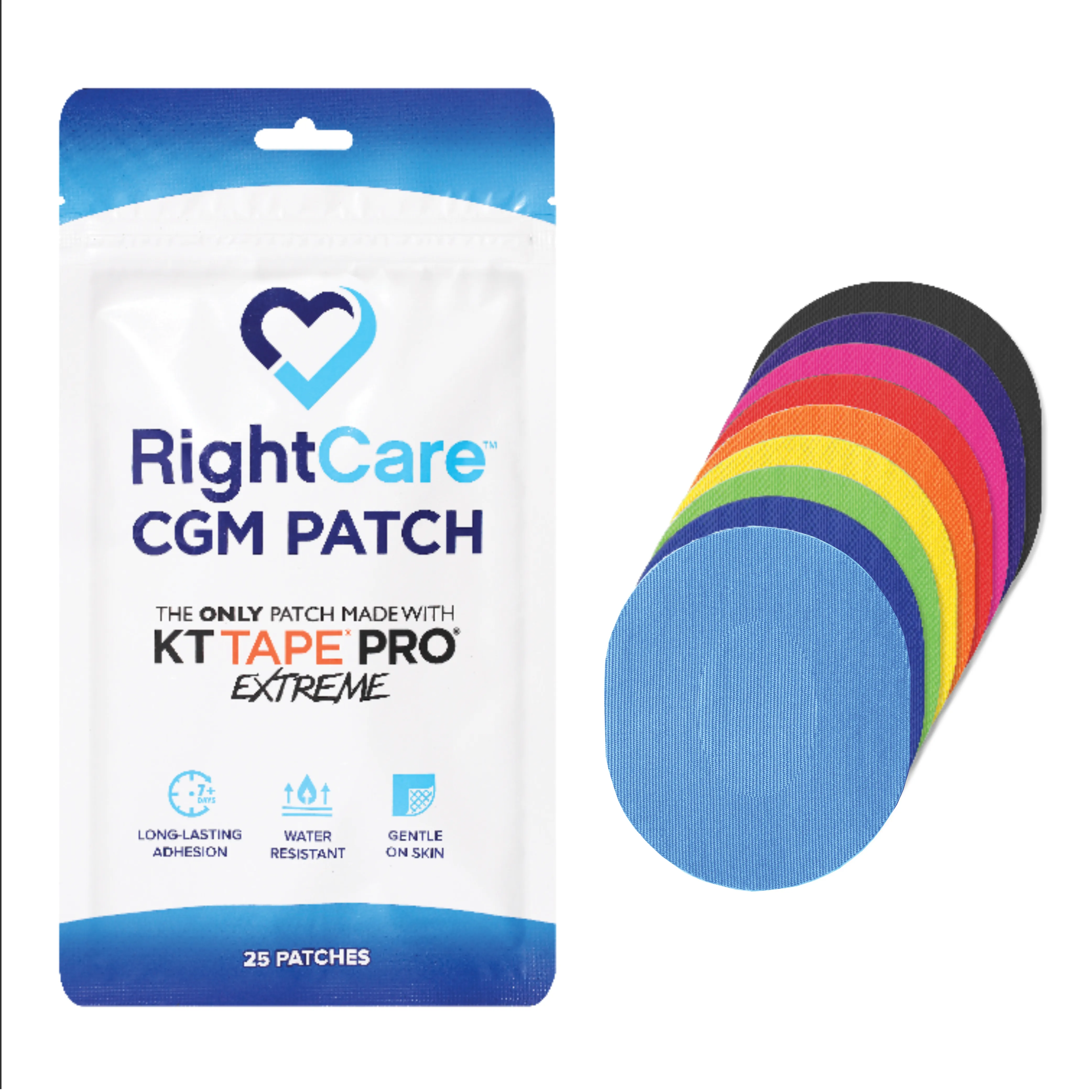 RightCare CGM Adhesive Patch made with KT Tape, Universal, Bag of 25