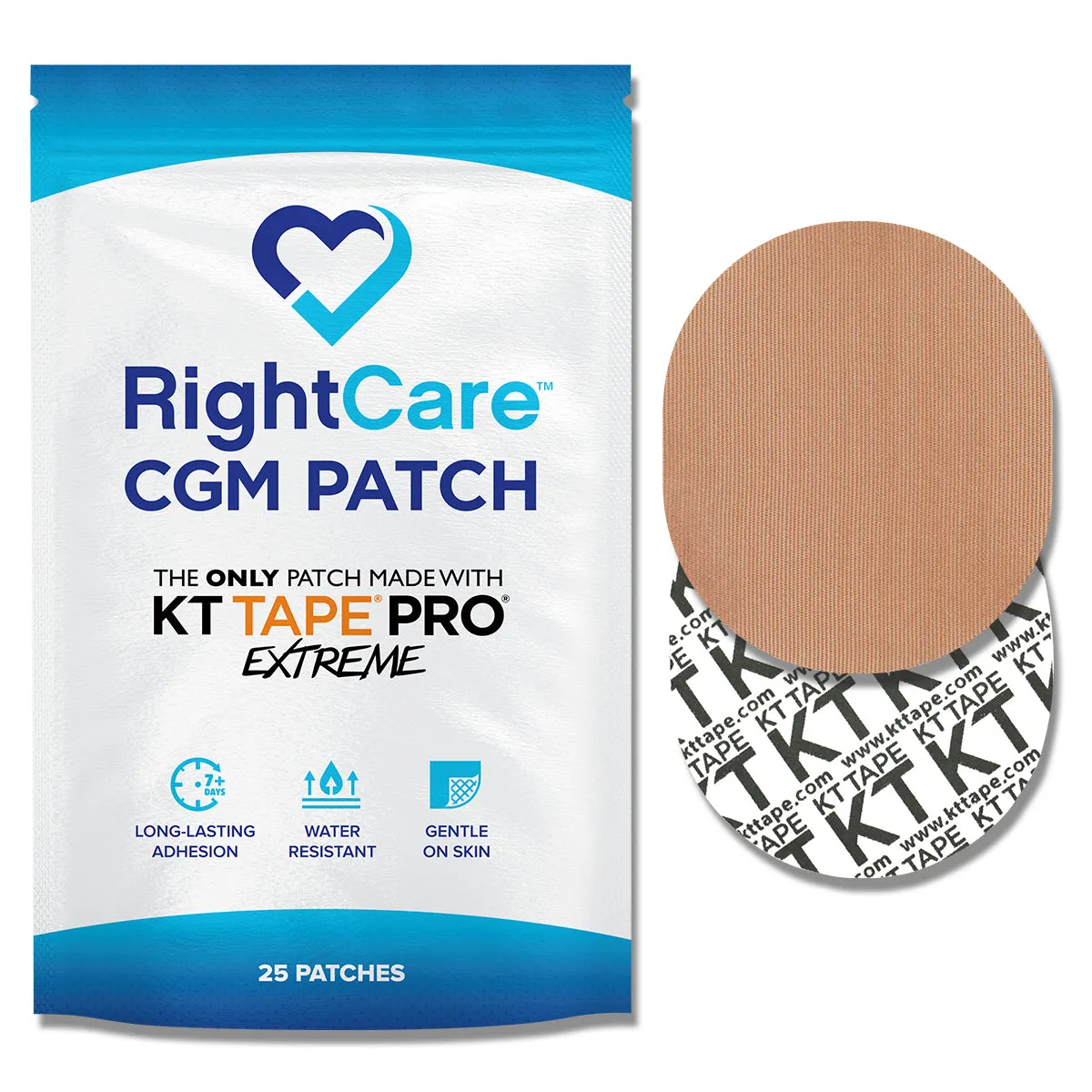 RightCare CGM Adhesive Patch made with KT Tape, Universal, Bag of 25