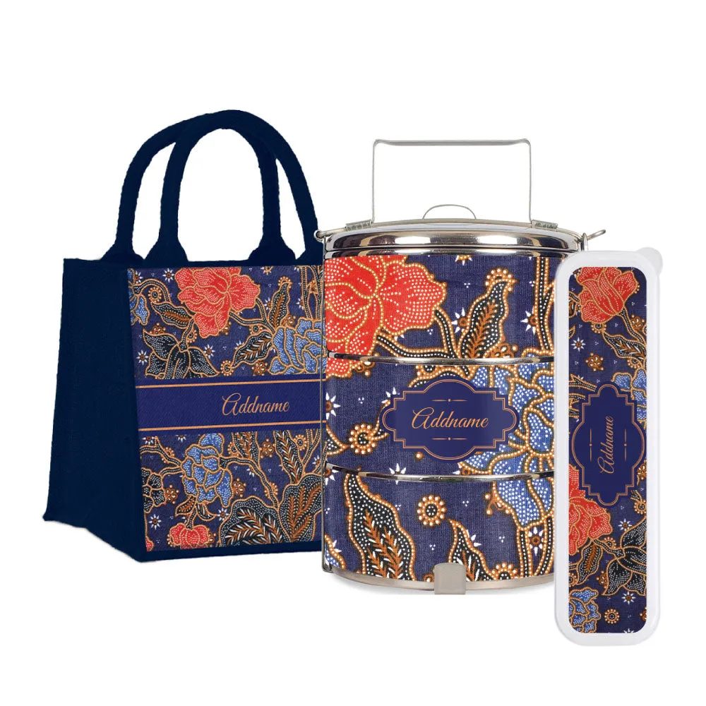 Sarong Batik Blue Tiffin Carrier, Jute Tote Bag  & Cutlery Set [FREE Custom Add Name]