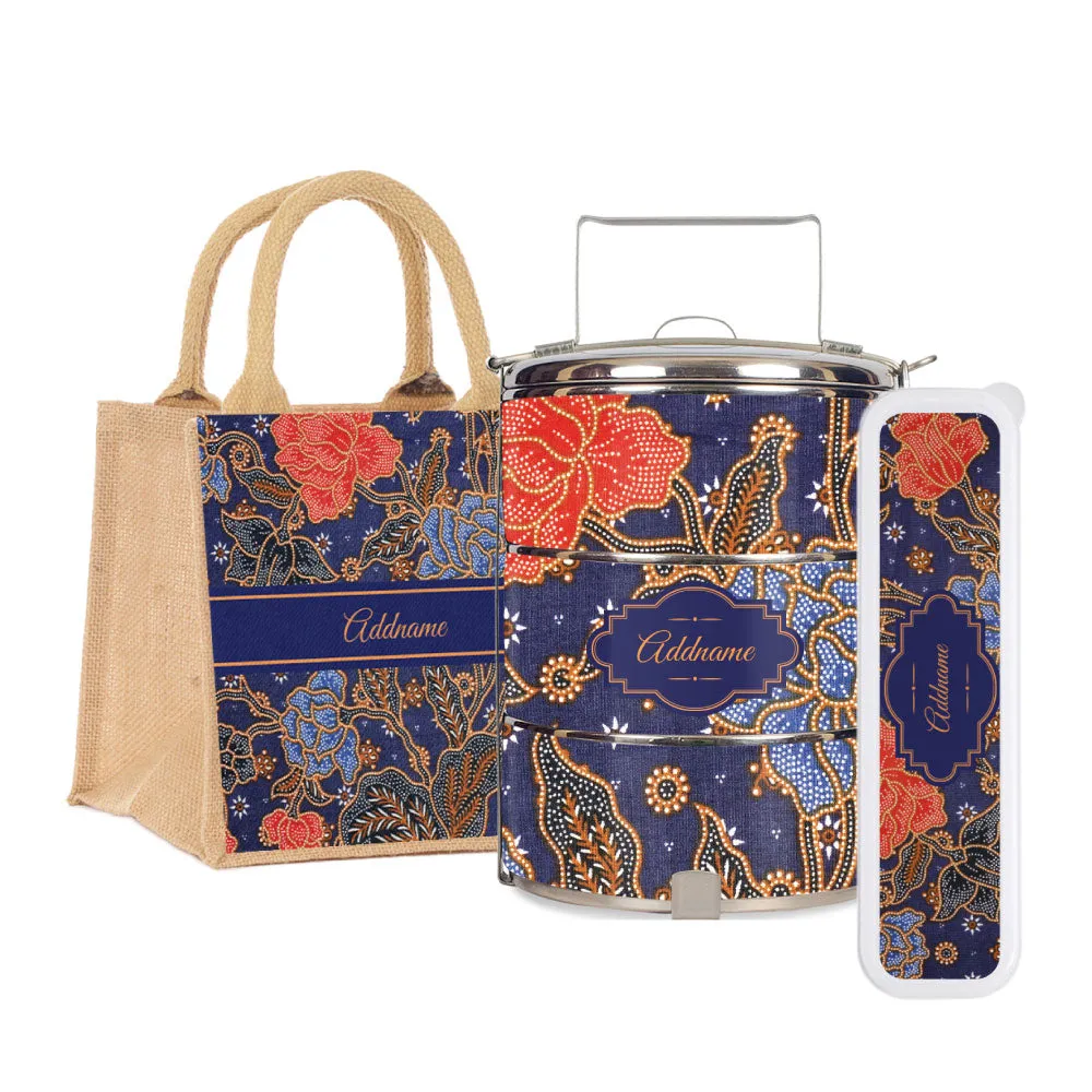 Sarong Batik Blue Tiffin Carrier, Jute Tote Bag  & Cutlery Set [FREE Custom Add Name]