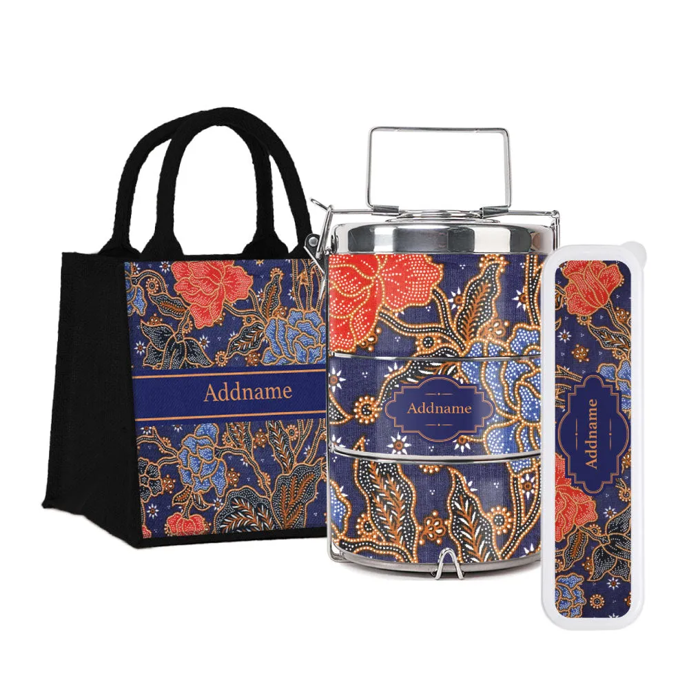 Sarong Batik Blue Tiffin Carrier, Jute Tote Bag  & Cutlery Set [FREE Custom Add Name]