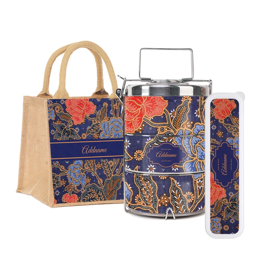 Sarong Batik Blue Tiffin Carrier, Jute Tote Bag  & Cutlery Set [FREE Custom Add Name]