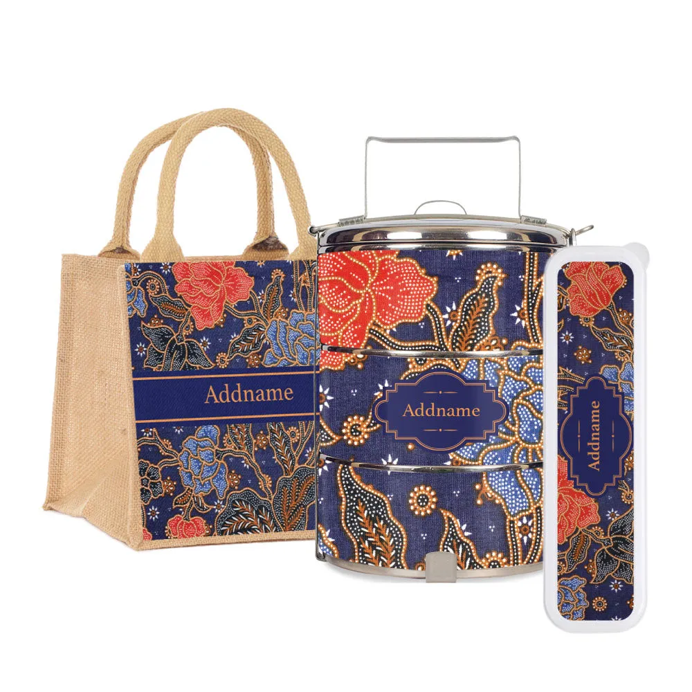 Sarong Batik Blue Tiffin Carrier, Jute Tote Bag  & Cutlery Set [FREE Custom Add Name]