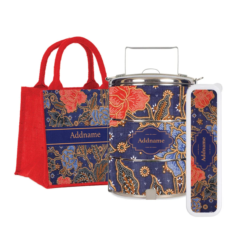 Sarong Batik Blue Tiffin Carrier, Jute Tote Bag  & Cutlery Set [FREE Custom Add Name]