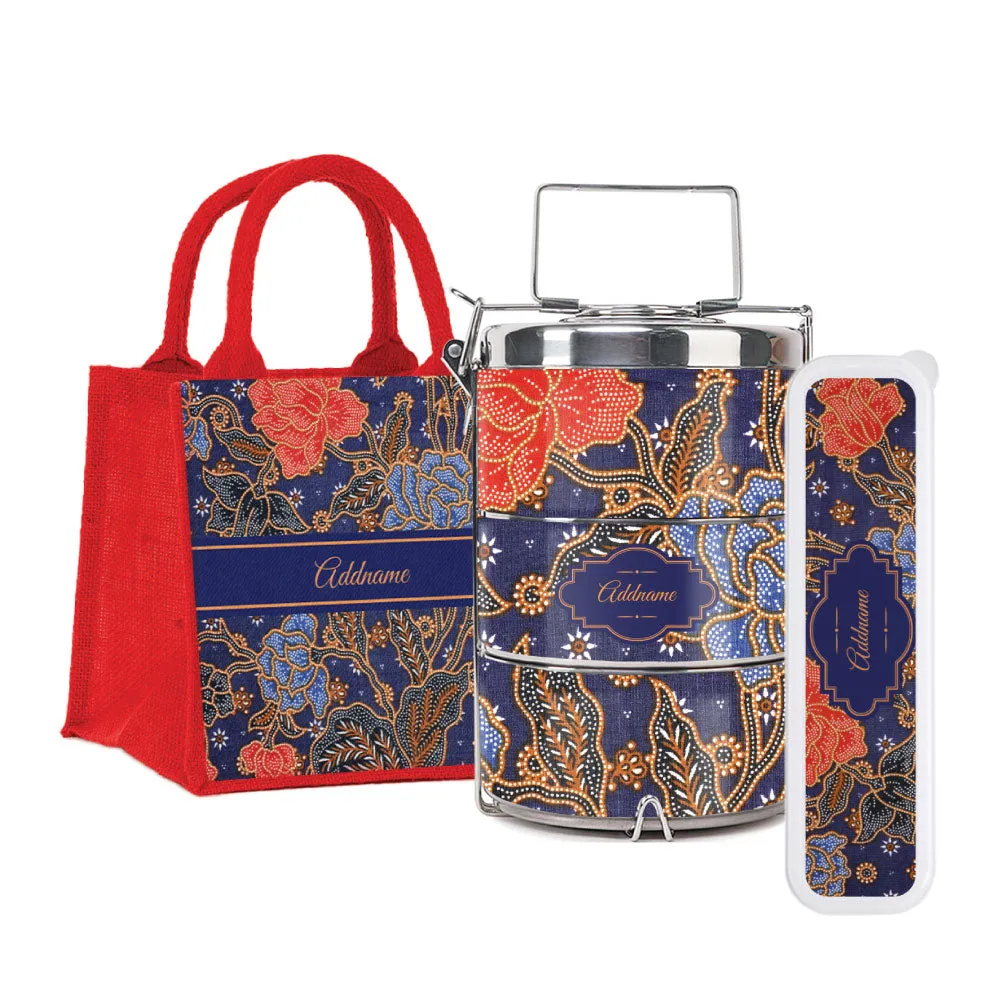 Sarong Batik Blue Tiffin Carrier, Jute Tote Bag  & Cutlery Set [FREE Custom Add Name]