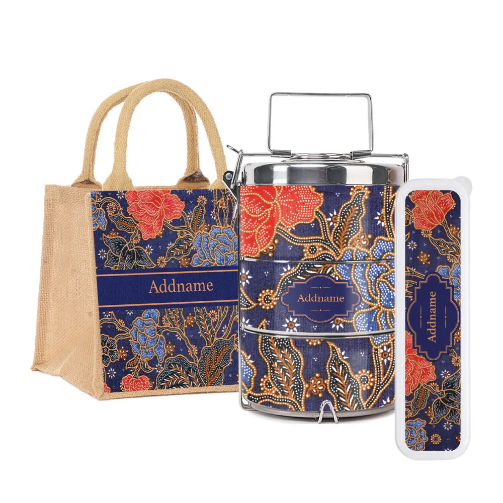 Sarong Batik Blue Tiffin Carrier, Jute Tote Bag  & Cutlery Set [FREE Custom Add Name]