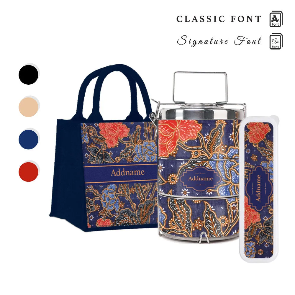 Sarong Batik Blue Tiffin Carrier, Jute Tote Bag  & Cutlery Set [FREE Custom Add Name]